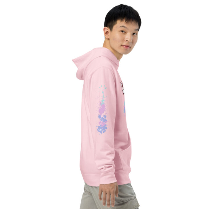 Imagen de un hoodie rosa con diseño Splash Paint en manga y frente.